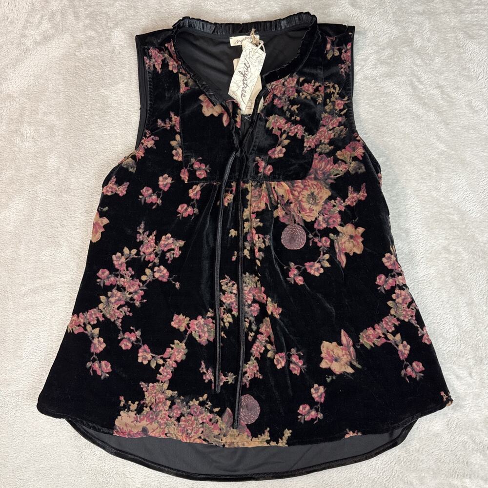 Mystree Black Floral Velvet Tank Top Whimsigoth Boho L Ruffle Tie Goth Witchy